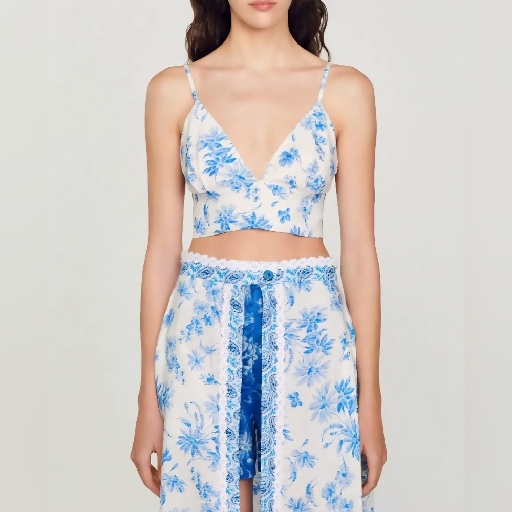 SANDRO Floral Blue WHITE CROP Bralette Top LINEN VISCOSE lined Size 1 S - Picture 12 of 15